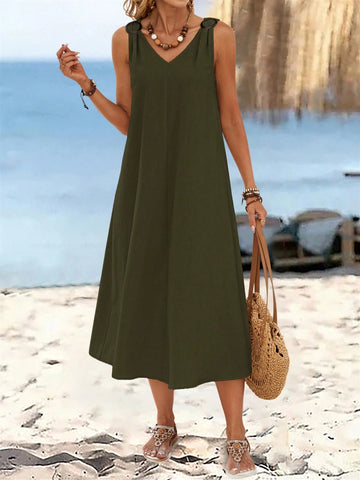 EMERY ROSE Women's Summer Solid Color Circular Ring Buckle V-Neck Sleeveless Long Dress