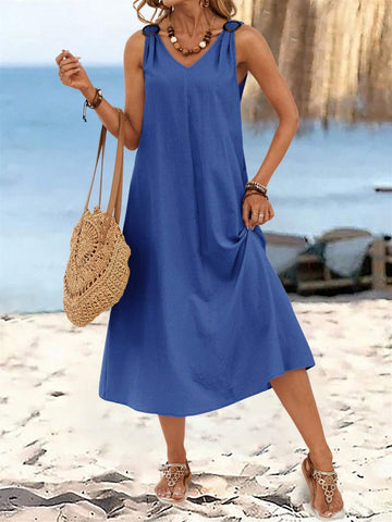 EMERY ROSE Women's Summer Solid Color Circular Ring Buckle V-Neck Sleeveless Long Dress