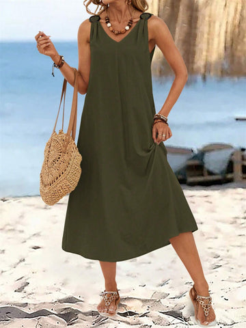 EMERY ROSE Women's Summer Solid Color Circular Ring Buckle V-Neck Sleeveless Long Dress