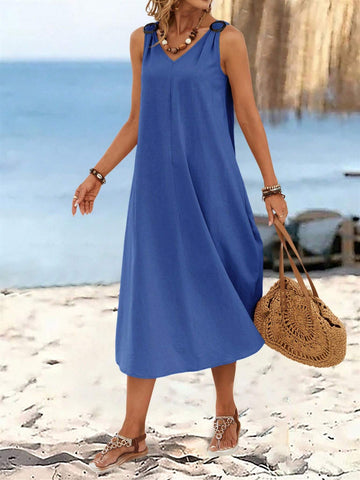 EMERY ROSE Women's Summer Solid Color Circular Ring Buckle V-Neck Sleeveless Long Dress