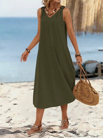 EMERY ROSE Women's Summer Solid Color Circular Ring Buckle V-Neck Sleeveless Long Dress
