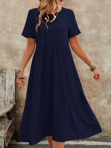EMERY ROSE Women's Summer Solid Color Round Neck Short-Sleeve Dress