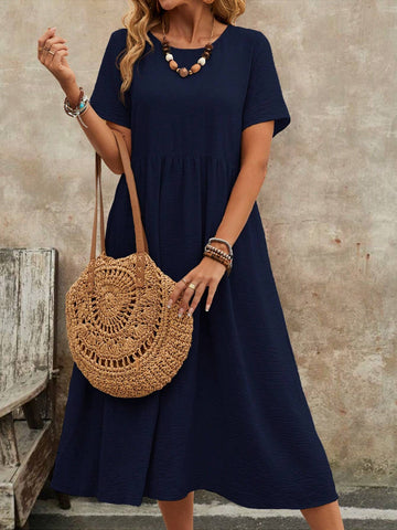 EMERY ROSE Women's Summer Solid Color Round Neck Short-Sleeve Dress