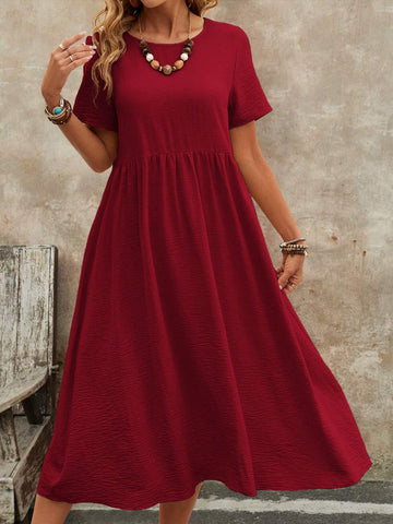 EMERY ROSE Women's Summer Solid Color Round Neck Short-Sleeve Dress