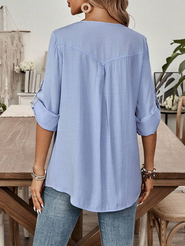 EMERY ROSE Women's Summer Solid Color V-Neck Casual Shirt