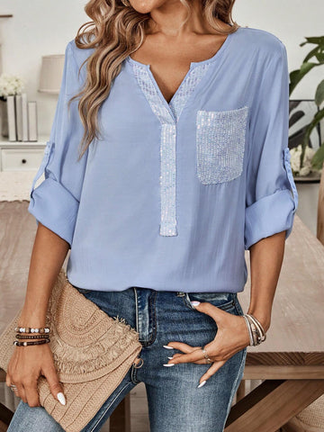 EMERY ROSE Women's Summer Solid Color V-Neck Casual Shirt