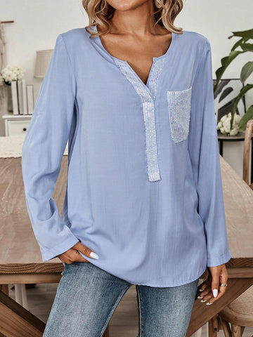 EMERY ROSE Women's Summer Solid Color V-Neck Casual Shirt