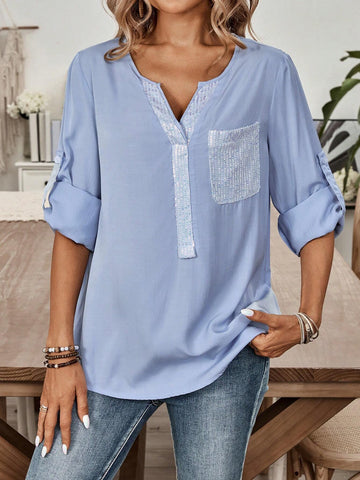 EMERY ROSE Women's Summer Solid Color V-Neck Casual Shirt