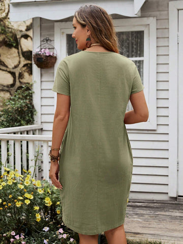 EMERY ROSE Women's Summer Solid Color V-Neck Short Sleeve Straight Dress With Pockets For Casual Wear