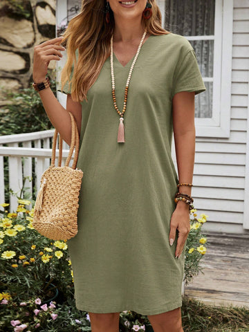 EMERY ROSE Women's Summer Solid Color V-Neck Short Sleeve Straight Dress With Pockets For Casual Wear