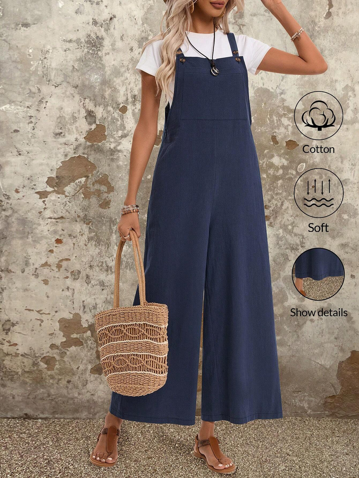 EMERY ROSE Women's Summer Solid Color Wide Leg Jumpsuit Cotton Jumpers And Women Rompers