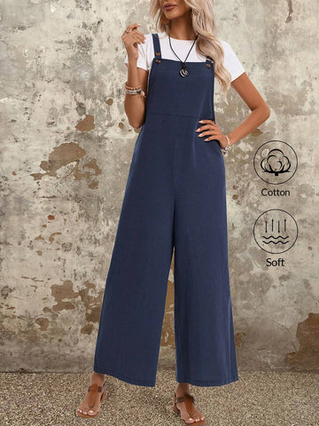 EMERY ROSE Women's Summer Solid Color Wide Leg Jumpsuit Cotton Jumpers And Women Rompers