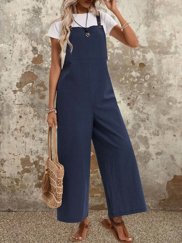 EMERY ROSE Women's Summer Solid Color Wide Leg Jumpsuit Cotton Jumpers And Women Rompers