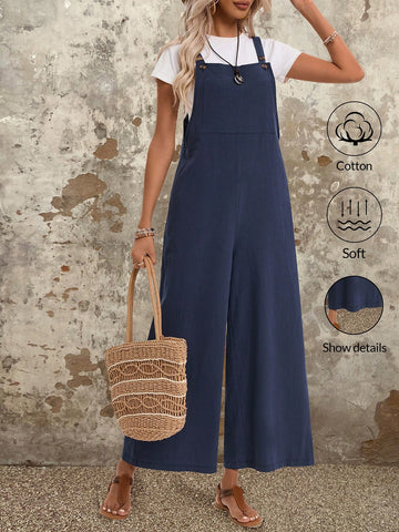 EMERY ROSE Women's Summer Solid Color Wide Leg Jumpsuit Cotton Jumpers And Women Rompers