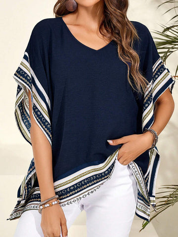 EMERY ROSE Women's Summer Spliced Web V-Neck Loose Shirt