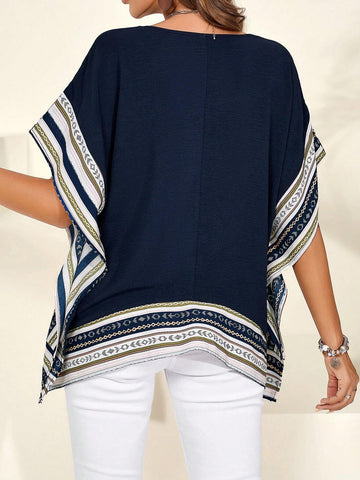 EMERY ROSE Women's Summer Spliced Web V-Neck Loose Shirt