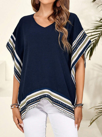 EMERY ROSE Women's Summer Spliced Web V-Neck Loose Shirt