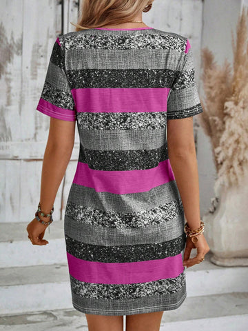 EMERY ROSE Women's Summer Stripe V-Neck Short Sleeve Casual Dress