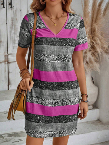 EMERY ROSE Women's Summer Stripe V-Neck Short Sleeve Casual Dress