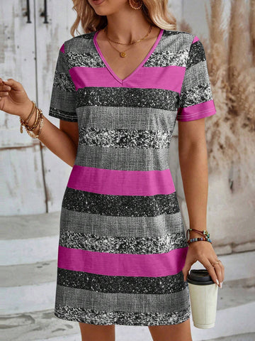 EMERY ROSE Women's Summer Stripe V-Neck Short Sleeve Casual Dress