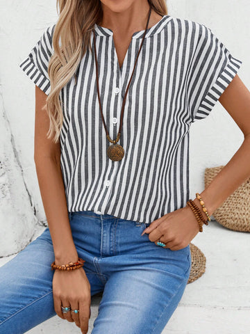 EMERY ROSE Women's Summer Striped Batwing Short Sleeve Loose Casual Shirt With V-Neckline