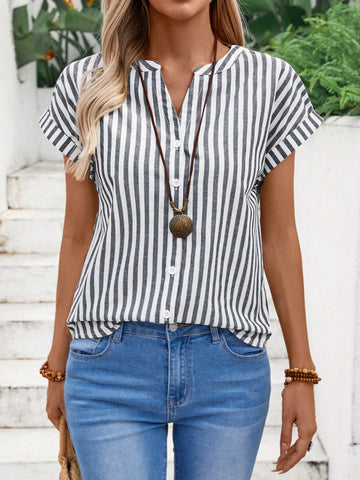 EMERY ROSE Women's Summer Striped Batwing Short Sleeve Loose Casual Shirt With V-Neckline