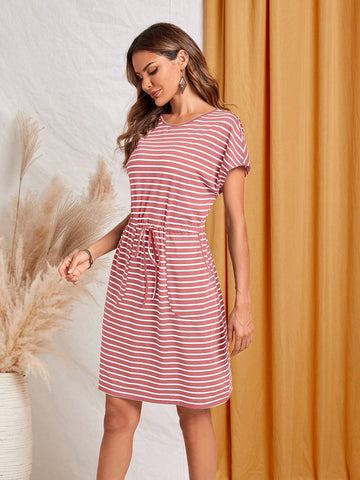EMERY ROSE Women's Summer Striped Round Neck Batwing Short Sleeve Dress With Waist Tie And Pockets