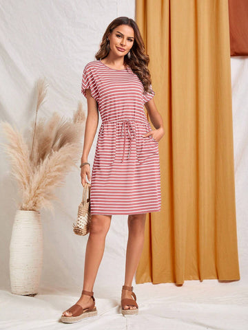 EMERY ROSE Women's Summer Striped Round Neck Batwing Short Sleeve Dress With Waist Tie And Pockets