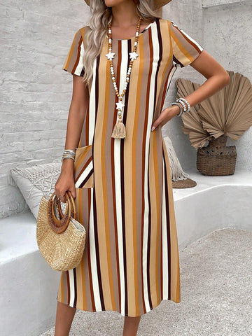 EMERY ROSE Women's Summer Striped Round Neck Short Sleeve Pocket Straight Casual T-Shirt Dress