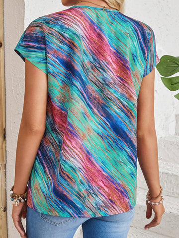 EMERY ROSE Women's Summer V-Neck Blouse With Painted Patterns