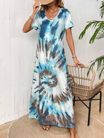 EMERY ROSE Women's Summer V-Neck Short Sleeve Tie-Dye Printed Long Dress