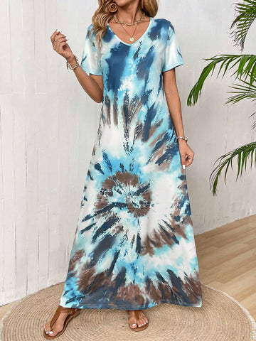 EMERY ROSE Women's Summer V-Neck Short Sleeve Tie-Dye Printed Long Dress
