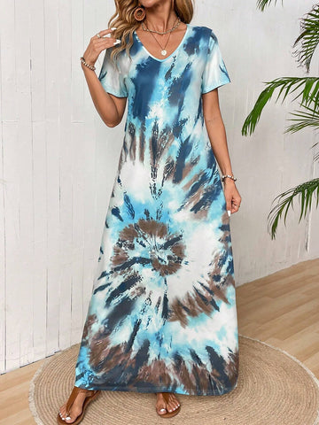 EMERY ROSE Women's Summer V-Neck Short Sleeve Tie-Dye Printed Long Dress