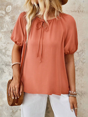 EMERY ROSE Women's Summer Vacation Casual Solid Color Lantern Sleeve Shirt