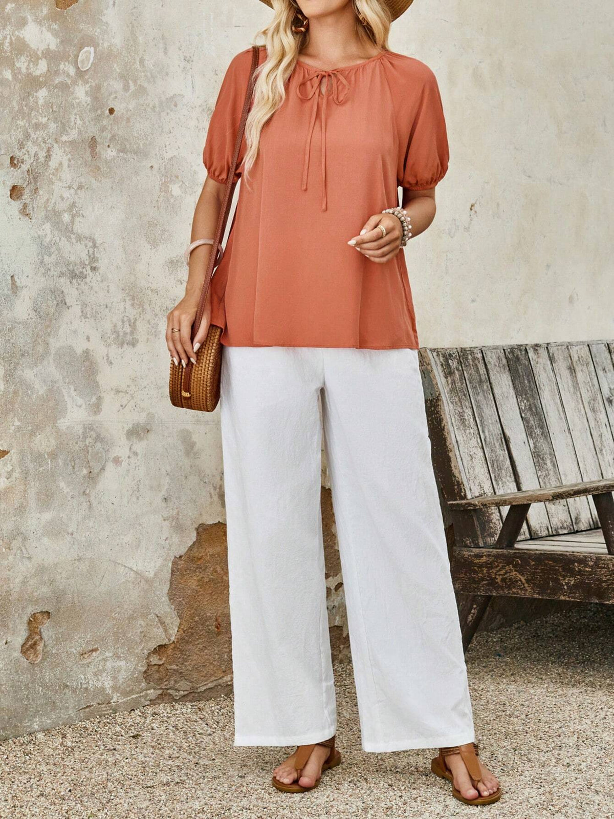 EMERY ROSE Women's Summer Vacation Casual Solid Color Lantern Sleeve Shirt