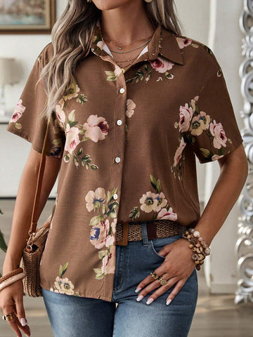 EMERY ROSE Women's Summer Vacation Leisure Short Sleeve Flower Printed Shirt