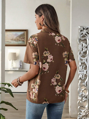 EMERY ROSE Women's Summer Vacation Leisure Short Sleeve Flower Printed Shirt