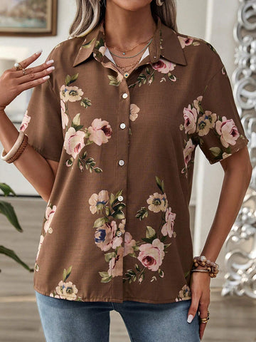 EMERY ROSE Women's Summer Vacation Leisure Short Sleeve Flower Printed Shirt