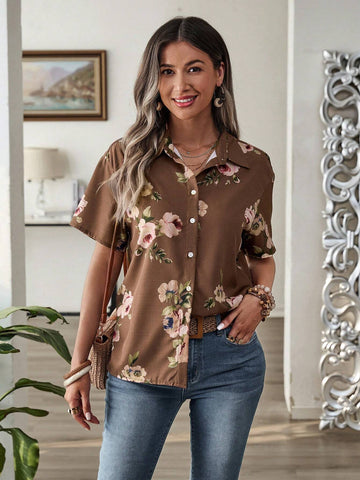 EMERY ROSE Women's Summer Vacation Leisure Short Sleeve Flower Printed Shirt