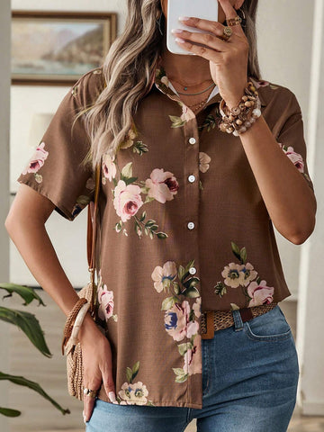 EMERY ROSE Women's Summer Vacation Leisure Short Sleeve Flower Printed Shirt