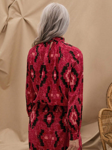 EMERY ROSE Women's Summer Vacation Style Casual Red And Black Geometric Printed Stand Collar Hollow Out Long Sleeve Shirt