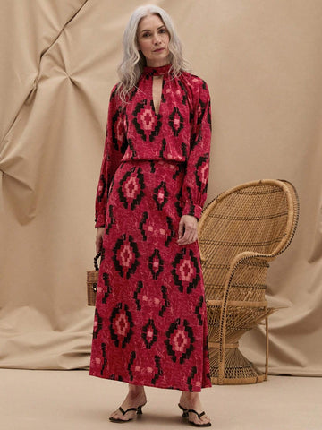 EMERY ROSE Women's Summer Vacation Style Casual Red And Black Geometric Printed Stand Collar Hollow Out Long Sleeve Shirt