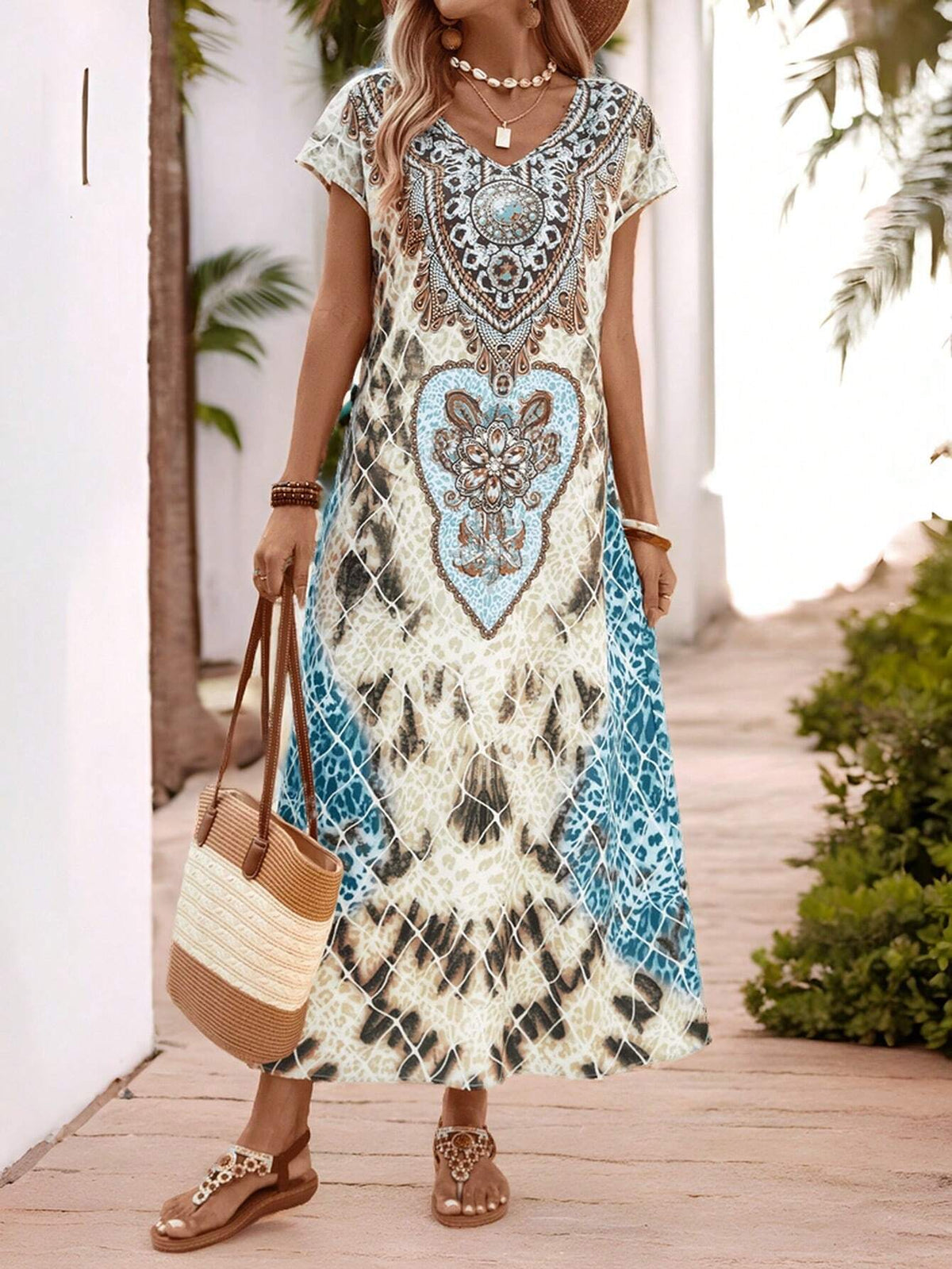 EMERY ROSE Women's Summer Vintage Pattern Printed Short-Sleeve Long Dress