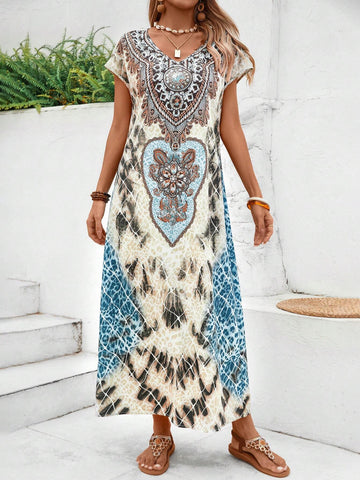 EMERY ROSE Women's Summer Vintage Pattern Printed Short-Sleeve Long Dress
