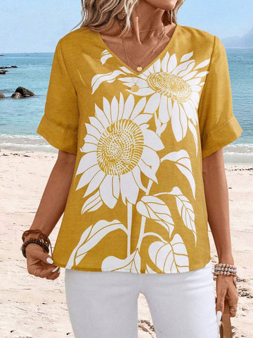 EMERY ROSE Women's Sunflower Printed Short Sleeve Holiday Shirt