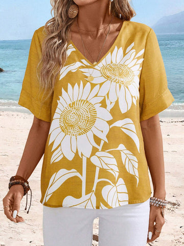 EMERY ROSE Women's Sunflower Printed Short Sleeve Holiday Shirt