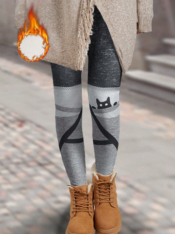 EMERY ROSE Women's Thickened Kitty Printed Leggings That Fit Perfectly For Autumn/Winter