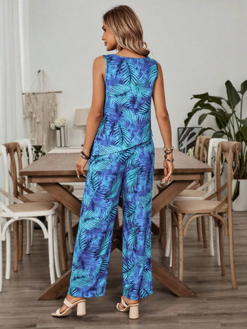 EMERY ROSE Women's Tie-Dye Plant Printed Asymmetrical Hem Tank Top And Long Pants 2pcs Casual Vacation Outfit