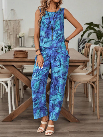 EMERY ROSE Women's Tie-Dye Plant Printed Asymmetrical Hem Tank Top And Long Pants 2pcs Casual Vacation Outfit