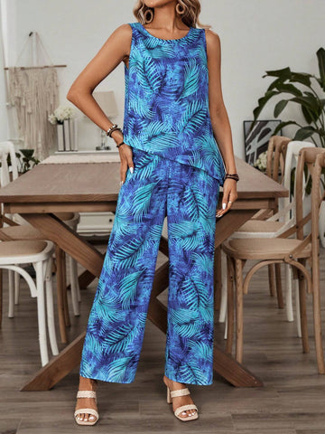 EMERY ROSE Women's Tie-Dye Plant Printed Asymmetrical Hem Tank Top And Long Pants 2pcs Casual Vacation Outfit